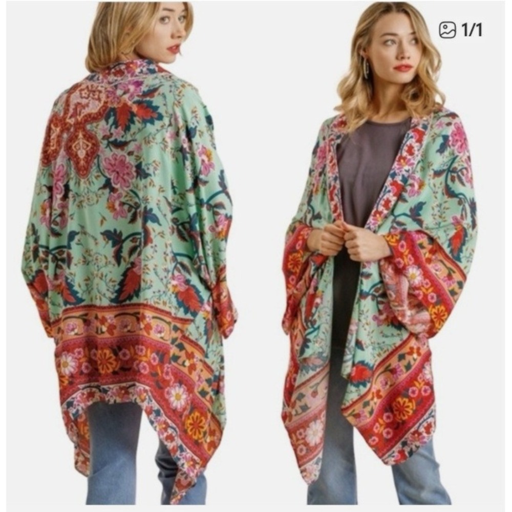 Umgee Mint Green Floral Paisley Boho Open Front Kimono Wrap‎ M/L Cover Up